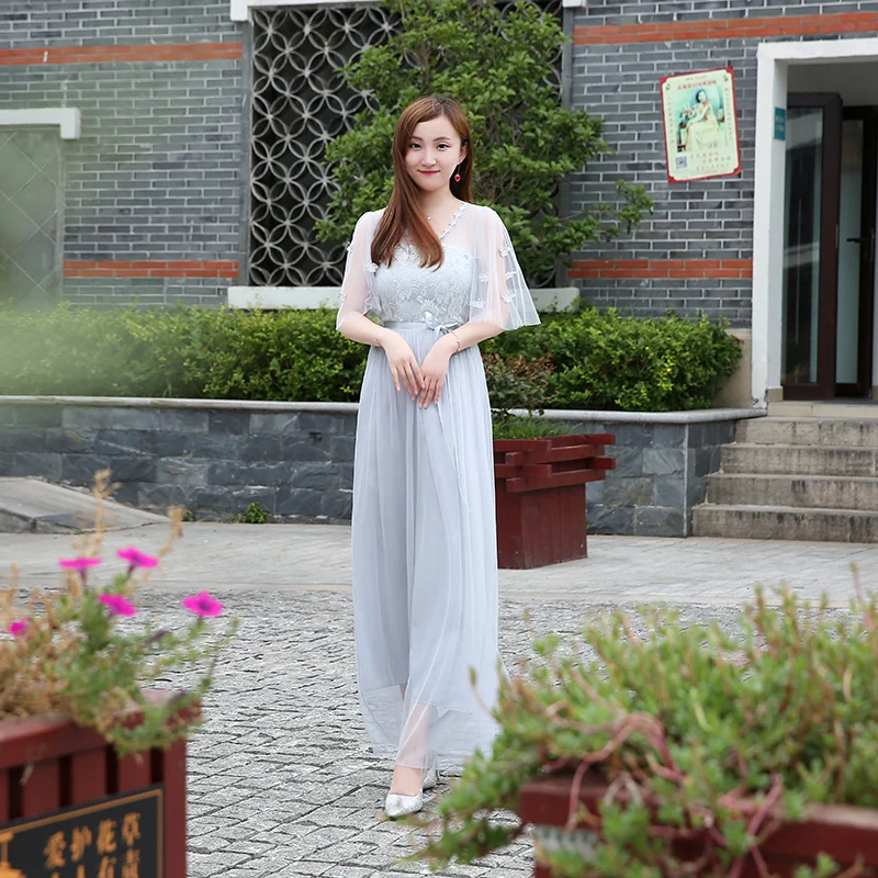 S5 long gray Розовое платье подружки невесты из тюля Vestido Azul Marino элегантное женское платье для свадебной вечеринки с цветами кружевное сексуальное платье для выпускного вечера - Цвет: S5 long gray