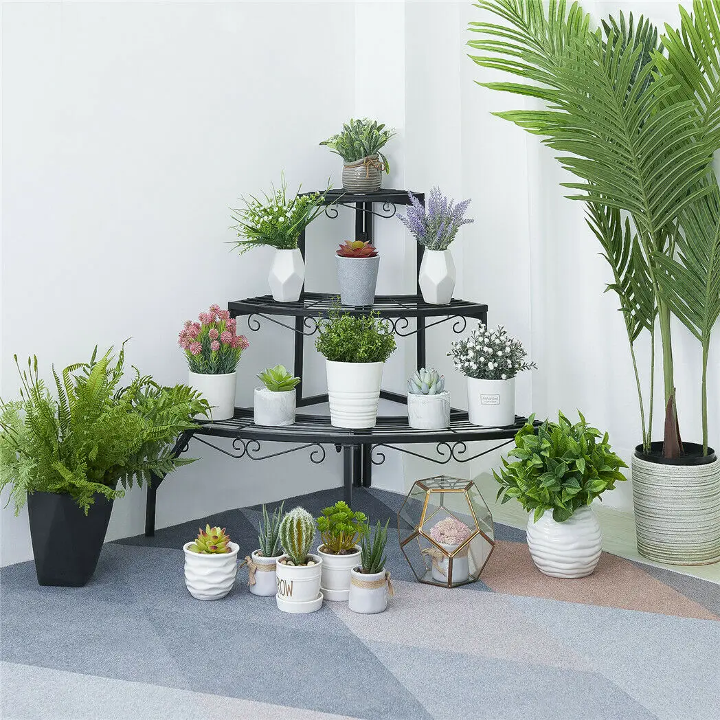 Supporto per piante in legno a 4 ripiani, ad angolo, per interni ed esterni, giardino, patio, vaso da fiori, espositore con design ad angolo retto