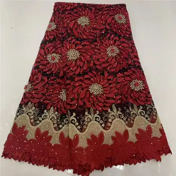 

Latest Red Color African Lace Fabric 2019 High Quality Embroidery French Mesh With Beads Nigerian Lace Fabrics Material FD1215
