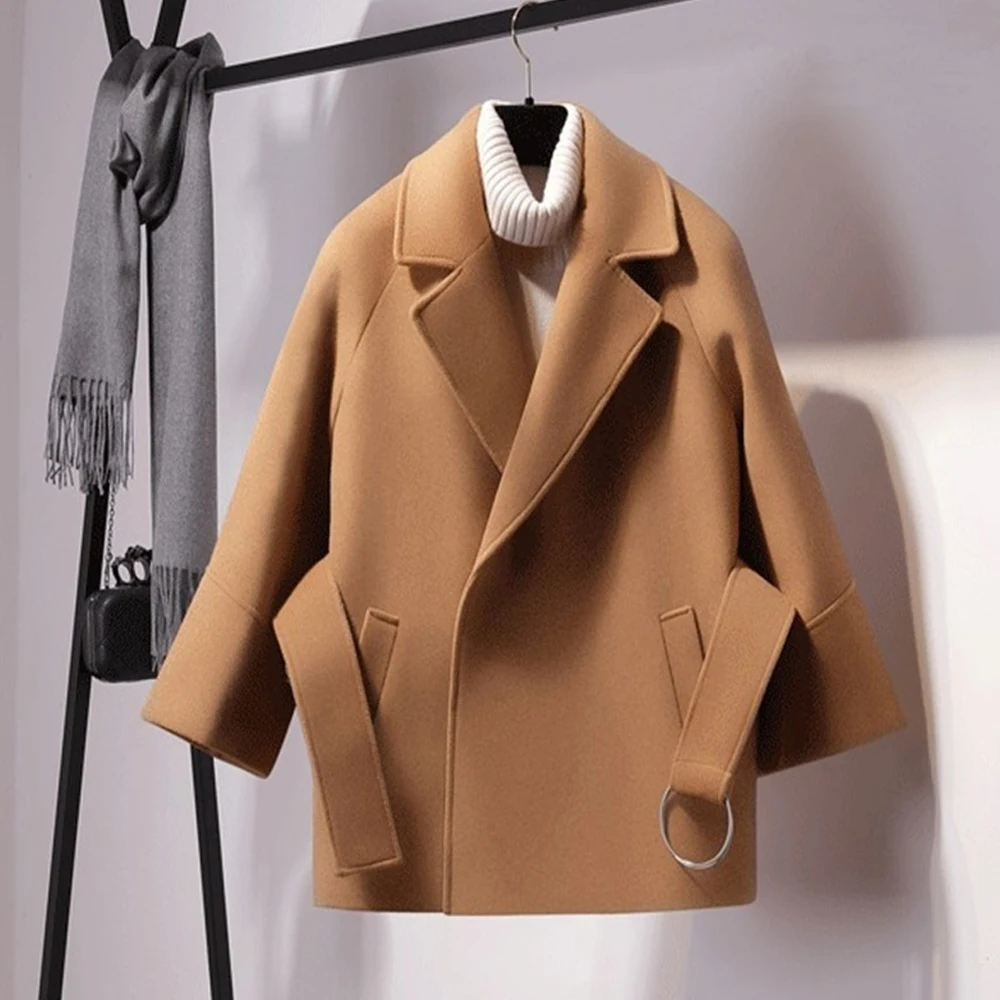 

Autumn Women's Woolen Jacket Korean Wool Waist Lapel Jacket Winter Loose Long Sleeve Jacket Solid Color Wild Student Short Cape