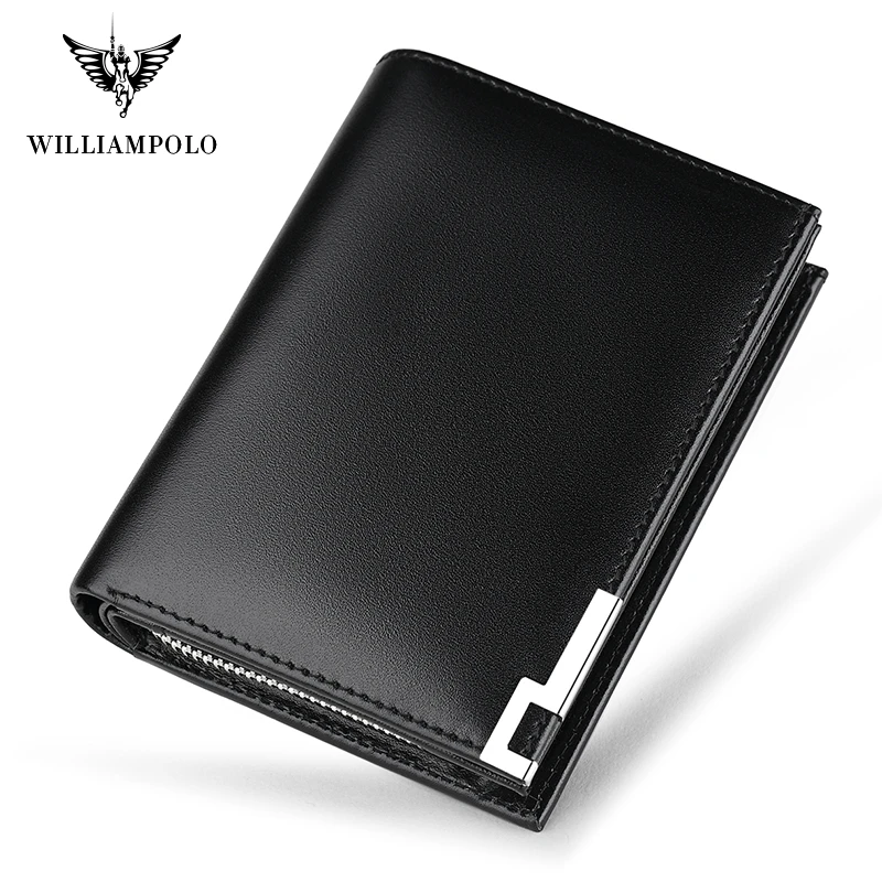 

WILLIAMPOLO Business Card Holder Wallet Genuine Leather Mens wallett Zipper Pocket Purse Carteira Man PL218