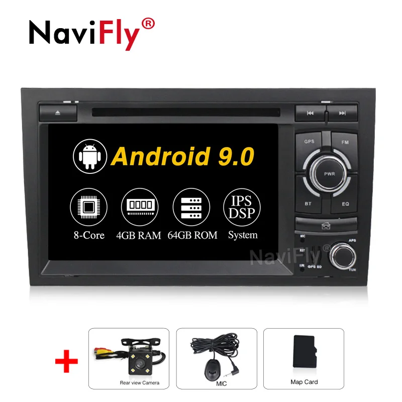 NaviFly 7 дюймов 2 DIN Авторадио Навигация gps Android 9 автомобильный dvd-плеер для Audi A4 S4 B6 B7/RS4 2002-2008 ips DSP wifi BT, RDS - Цвет: 4GB-64GB-Camera