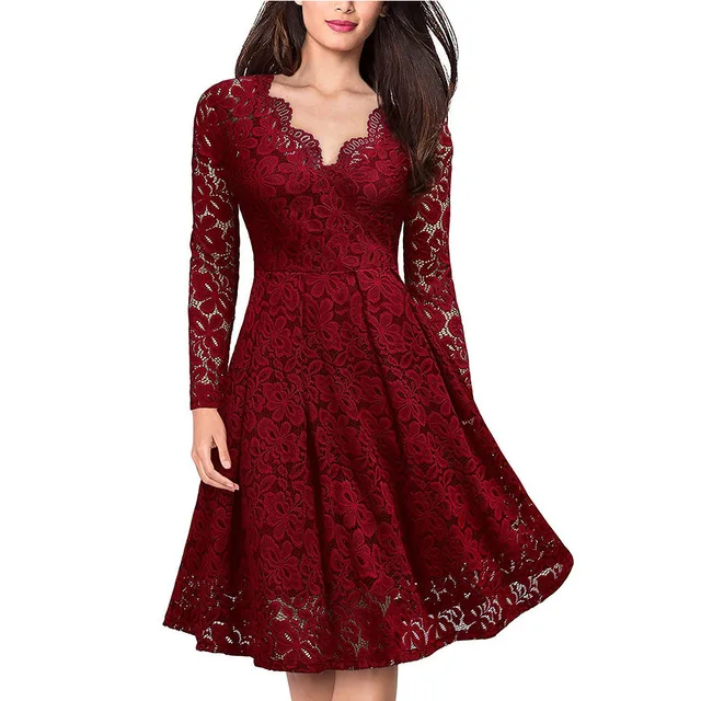 lace dress Элегантное сексуальное платье для женщин, винтажное кружевное платье с длинным рукавом, цвет красного вина, черный, синий, женское платье, Повседневные Вечерние платья для женщин - Цвет: lace dress