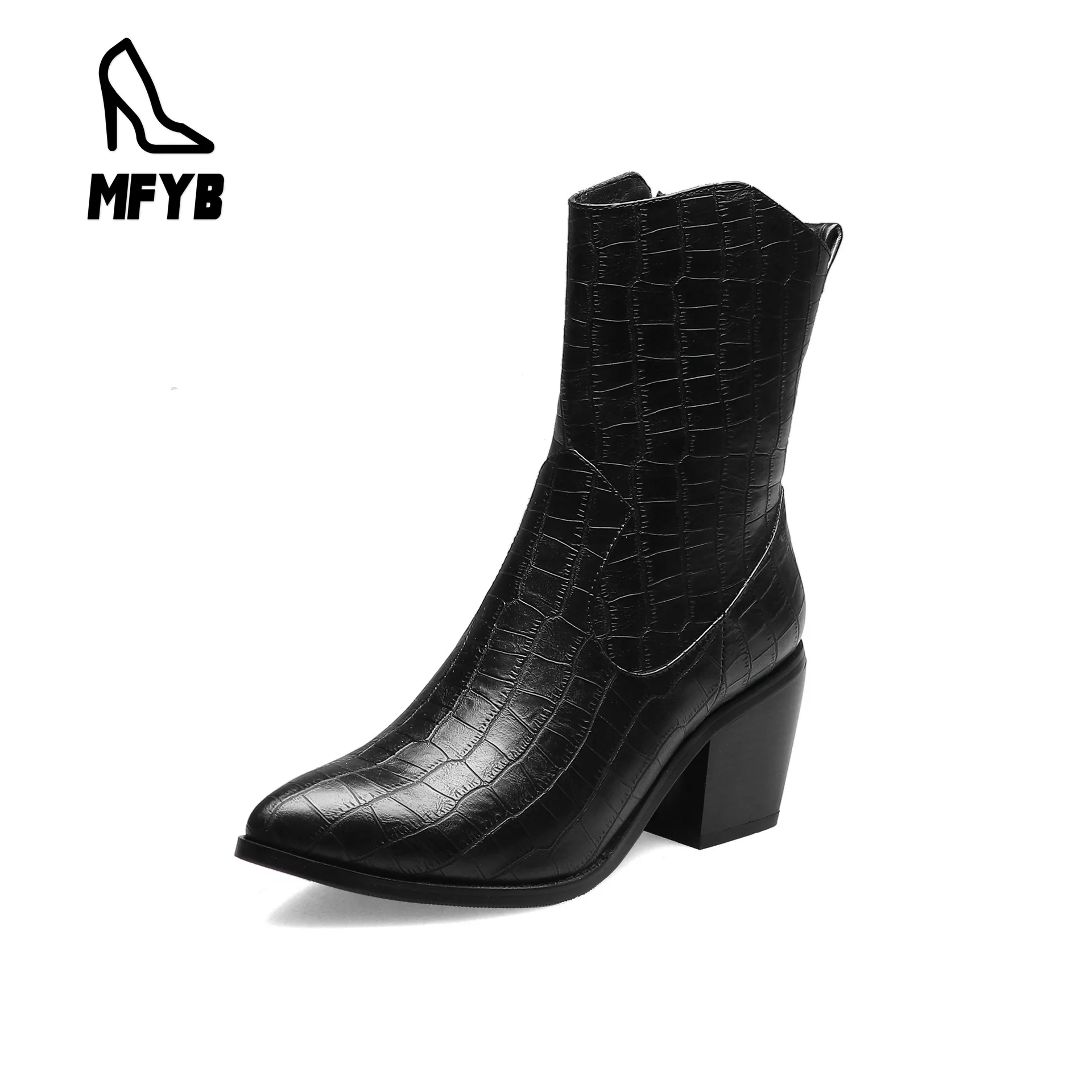 

MFYB Women's boots 2019 winter new European and American fashion pointed high-heeled snake pattern women's fashion boots 34-44