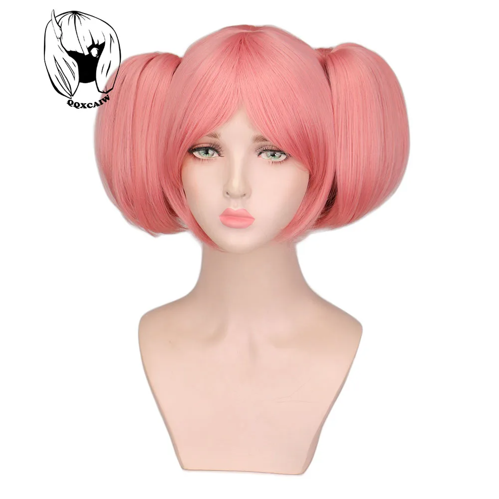 QQXCAIW Madoka Kaname Cosplay Wigs Pink Short 2 Clip Ponytails Puella Magi Madoka Magica Synthetic Hair Wig Heat Resistant Wigs