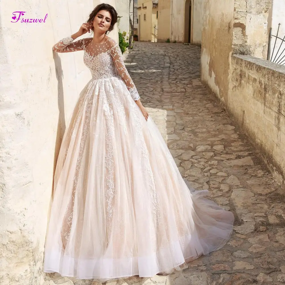 

Fsuzwel New Arrival Sexy O-Neck Long Sleeve A-Line Wedding Dress 2020 Luxury Appliques Court Train Bridal Gown Vestido de Noiva