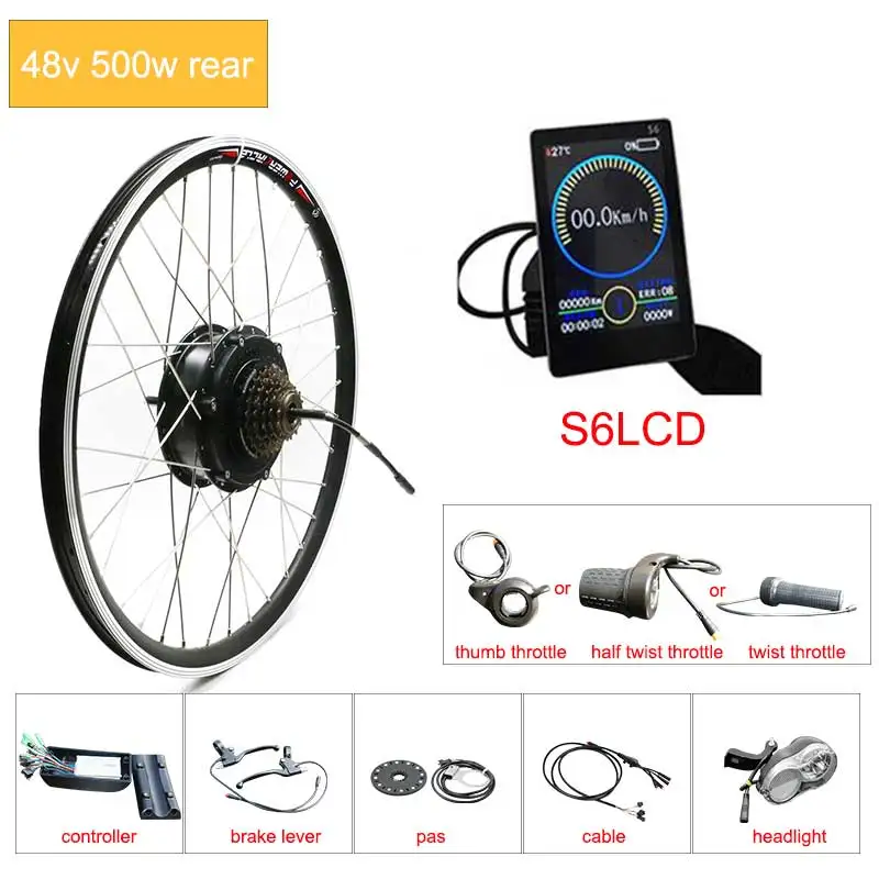 48v 250 w/350 w/500 w задний ступичный мотор-колесо для электрического велосипеда Conversion Kit 2" 26" 700C бесщеточный Шестерни, фара для электровелосипеда в комплект - Цвет: 48v500w s6lcd