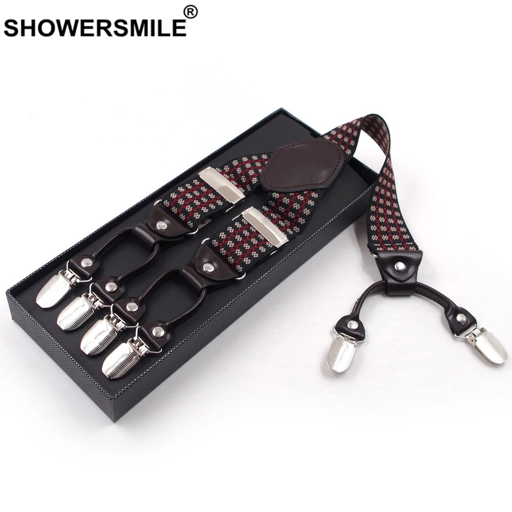 SHOWERSMILE мужские кожаные подтяжки с 6 клипсами Мужские штаны на подтяжках в клетку