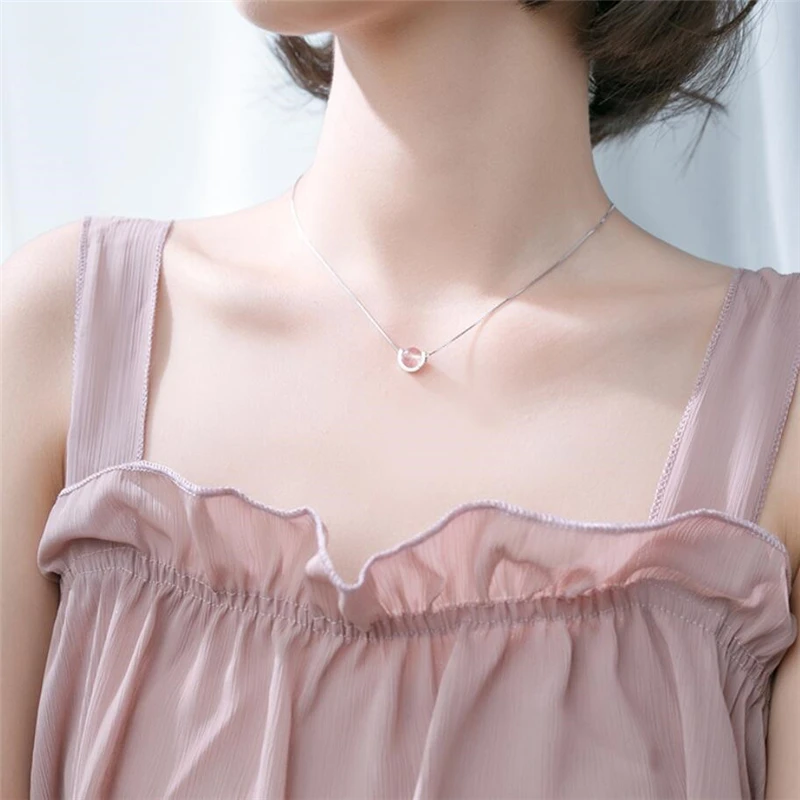 Heart Natural Strawberry Crystal Pink Wafer Bead Transit Silver Color Necklace For Women Fashion Jewelry Party Birthday Gift