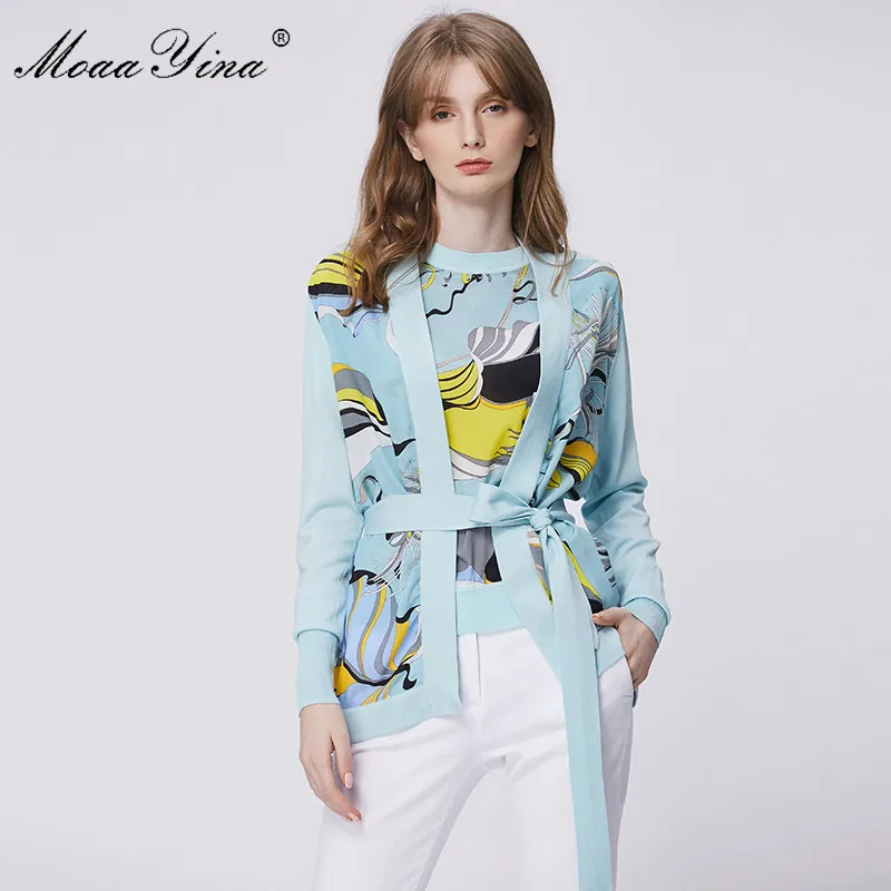 ^Cheap MoaaYina Spring Fashion Long sleeve Knitting Tops Women's Elegant Print Lace up Cardigans Silk Patchwork Wool Sweater Coat
