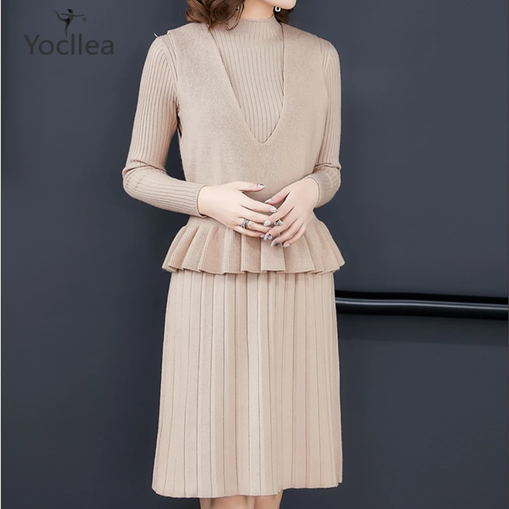 

2 piece set women Autumn winter knitted sweater Sleeveless Vest Tops + Pullover sweater dress suit set femme Korean style sets