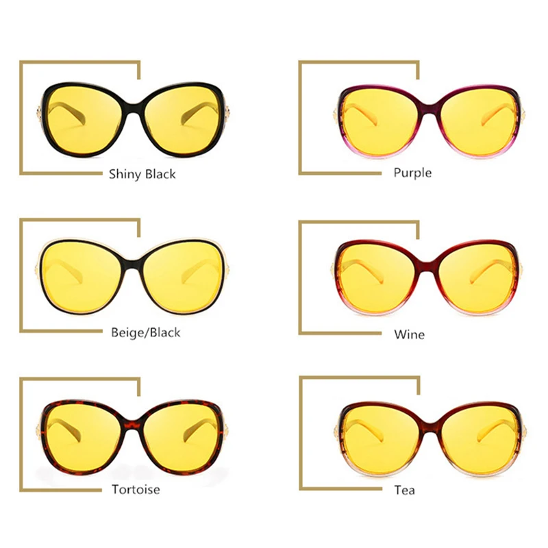 Женские HD поляризованные очки ночного видения для вождения, черные овальные большие солнцезащитные очки с бриллиантами, желтые очки для вождения UV400 N8842
