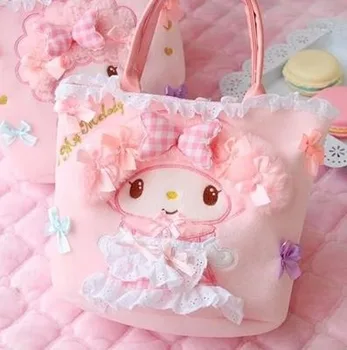 

Japanese Anime My Melody Pink Plush Shoulder Bag Women Cartoon Kawaii Storage Handbag Phone Pouch Lace Bow Tote For Girls Gift