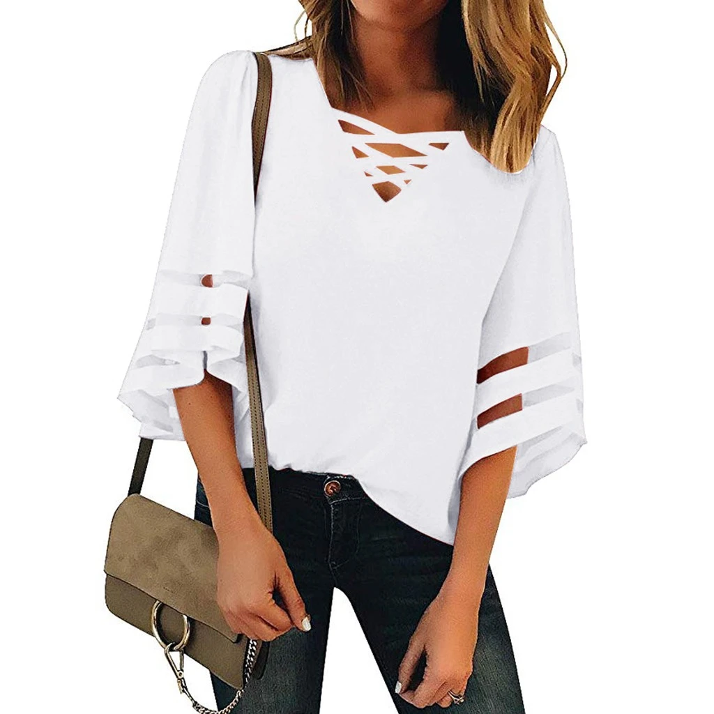JAYCOSIN Fashion Loose Blouse Female V Neck Mesh Panel Blouses 3/4 Bell Sleeve Casual Loose Blouse Patchwork Ladies Girls 802