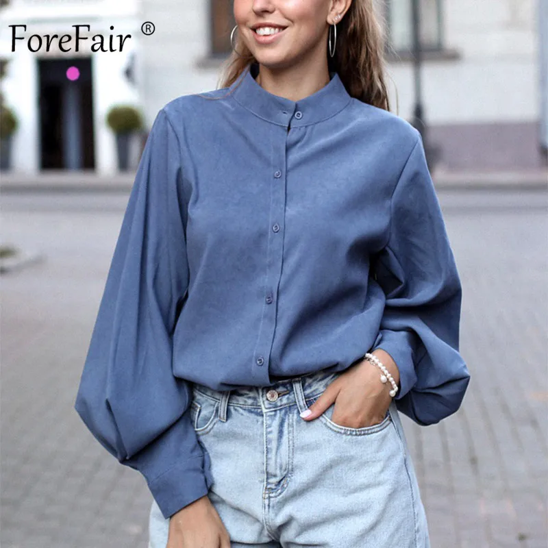 Blue Blouse Forefair Водолазка однотонная женская блузка свободная модная Осенняя Корейская стильная повседневная синяя белая женская блузка с рукавами-фонариками - Цвет: Blue Blouse