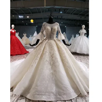 

BGW 31226ht Lace Bridal Dresses Flare Sleeves Sequin Bead Button And Lace Up Back Plus Size Wedding Dress Trajes De Novia 2020