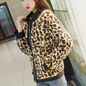 

Women Short Faux Fur Leopard Print Coat Woman Woolen Jacket