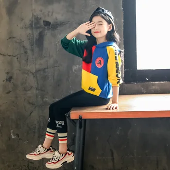 

Girl's Hooded Long Sleeve Color Patchwork Cotton Casual Fashion Hoodies Set Spring Autumn Sports Clothing Set Hoodies+Pants Sets