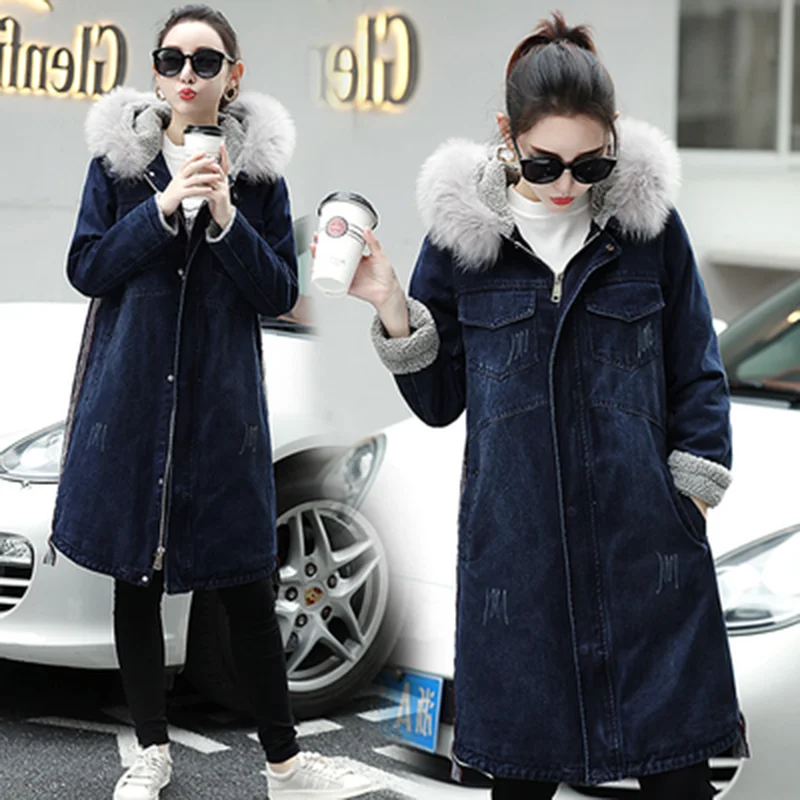 

2019 Autumn Winter Women Lambs Wool Jean Coats Turn-down Collar Long Sleeves Warm Jeans Coat Outwear Female Slim Denim Jackets
