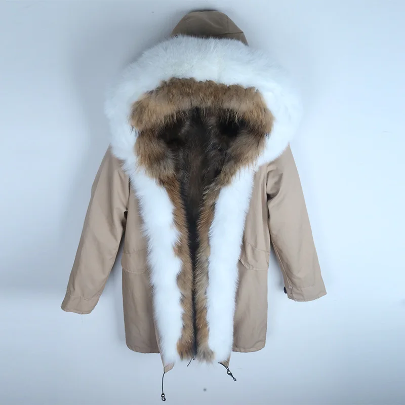 10 light khaki Новинка, зимняя куртка, водонепроницаемая парка, толстая, теплая, натуральный Лисий мех, воротник, капюшон, верхняя одежда, подкладка из енота, Женское пальто из натурального меха - Цвет: 10 light khaki