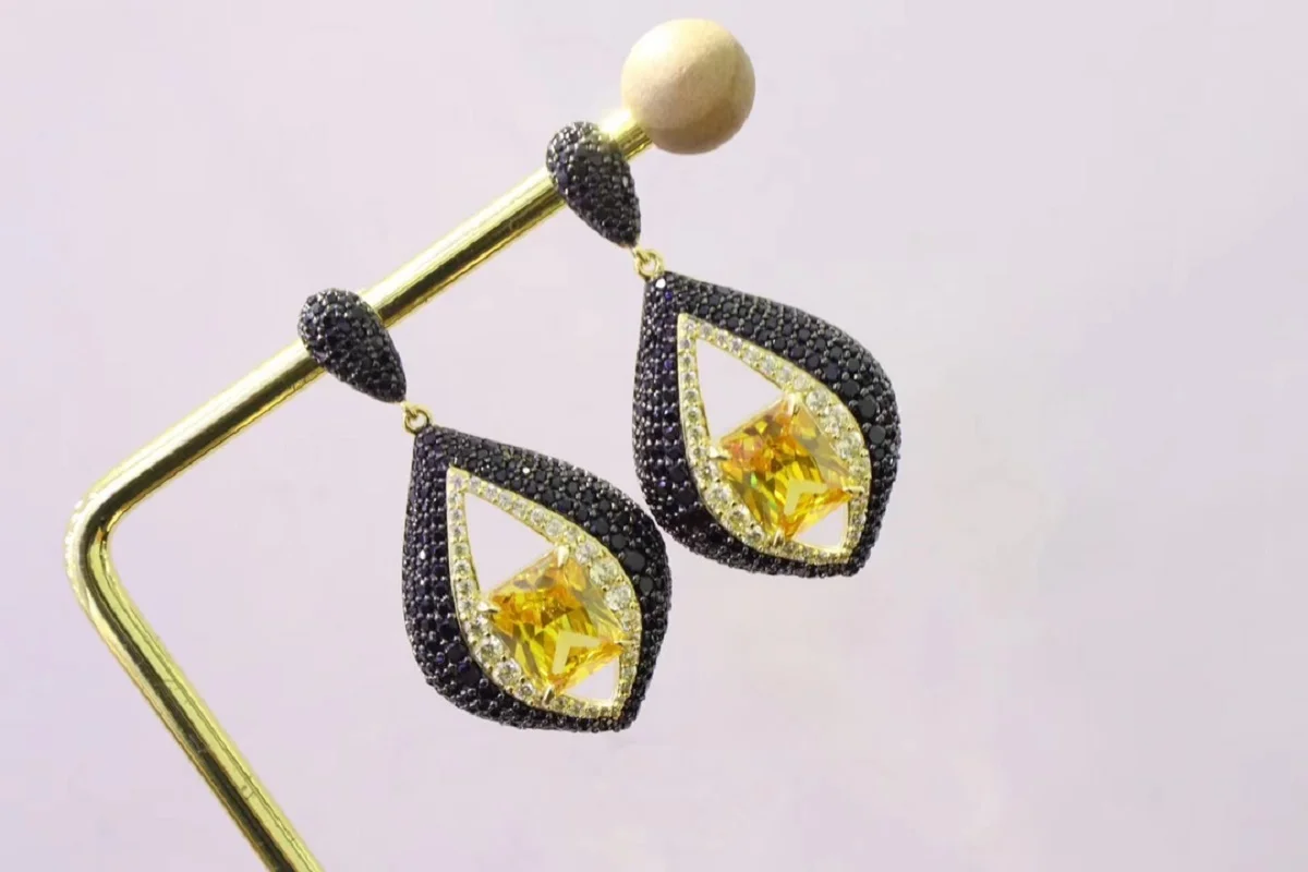 Pirmiana New Fashion Black and Yellow Color Matching Earrings 26x46mm S925 Silver Cubic Zircona Gemstones Jewelry Women
