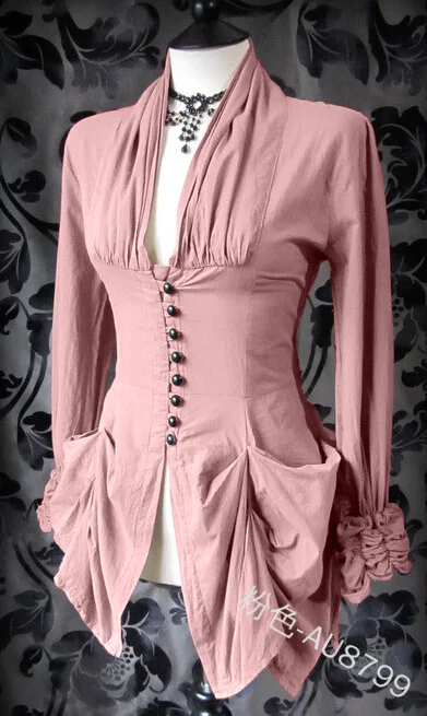 

Medieval Retro Coat Sexy Gothic Women Vintage Tuxedo Court Shirt Solid Color Temperament V-neck Buckled Long-sleeved Top