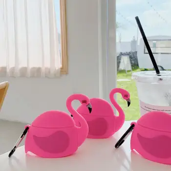 

For Apple Airpods 1 2 3 Cute 3D Hot Pink Flamingo Cartoon Silicone Wireless Earphone Headphone Protector Cover for AirPods Pro