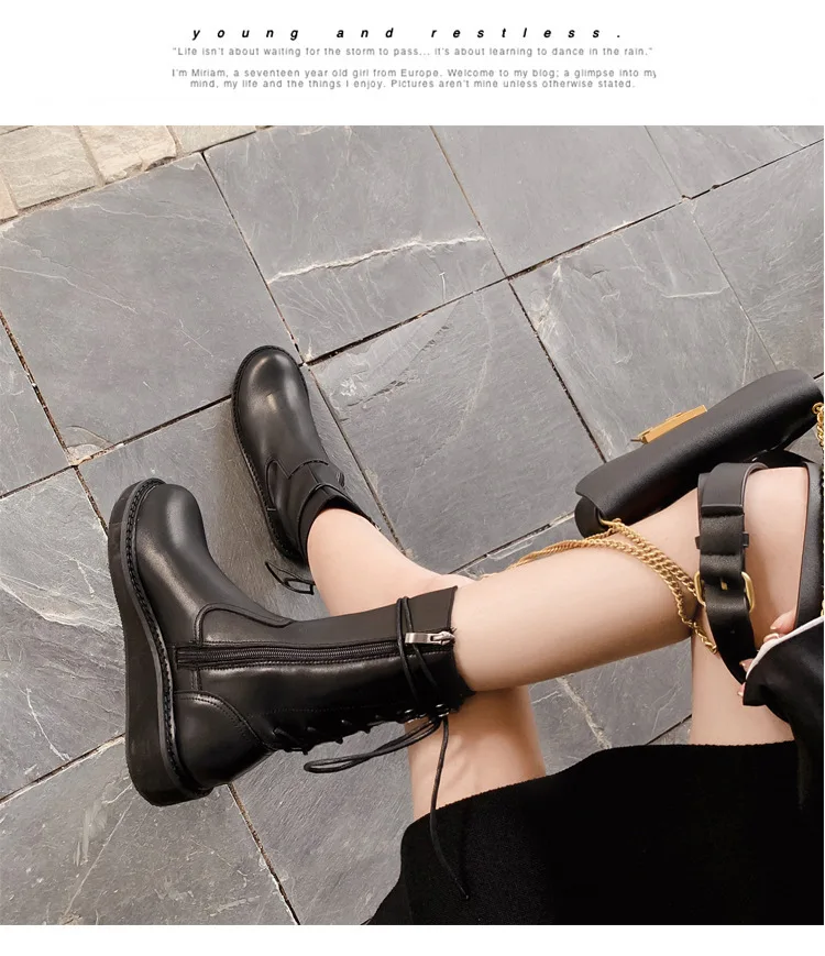winter retro martin boots women British style flat bottom lace tie mid-calf motorcycle booties side zip riding botas female