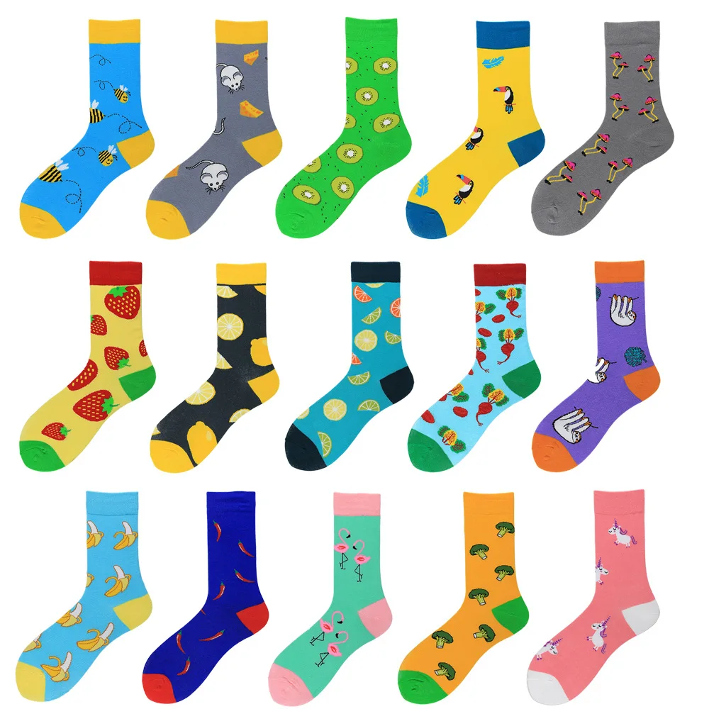 

1 pair men socks cotton funny crew socks cartoon animal fruit Flamingo women socks novelty gift socks for spring autumn winter
