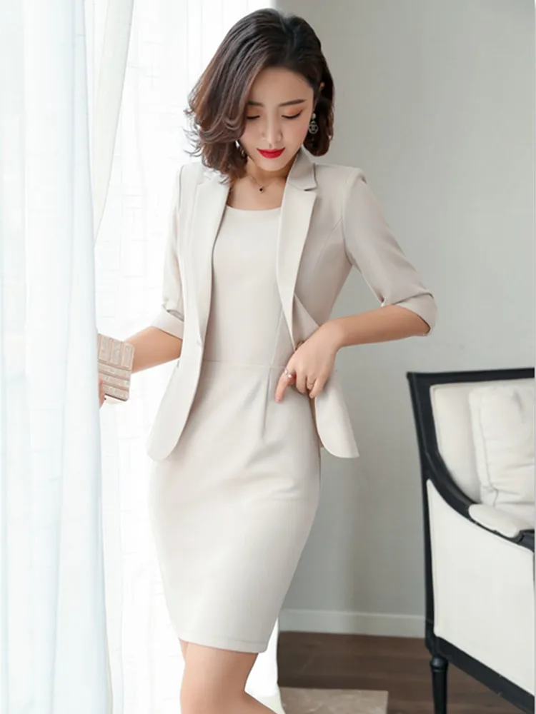 

5XL Plus Size Blazer Dress Suit Woman Summer Autumn 3/4 Sleeve Woman Suits Lady Suit Office With Dress Khaki Two Piece Set s