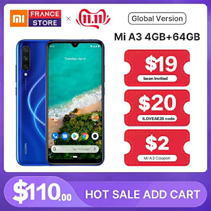  Глобальная версия Xiaomi Mi A3 4GB 64GB celular 4G Смартфон Snapdragon 665 cpu 6,088 AMOLED 48MP 4030mAh Мобильный телефон android 