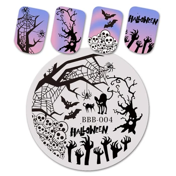 

BEAUTYBIGBANG Halloween Nail Art Round Stainless Steel Stamping Skull Theme Image Template Manicure Nail Stamping Plates