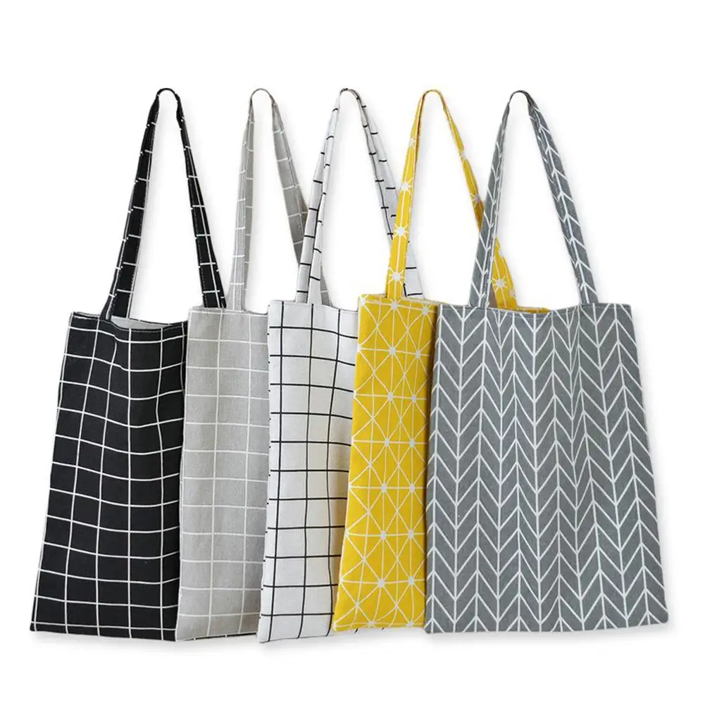 

Women Handmade Cotton Linen Casual Plaid Print School Student Tote Shoulder Bag
