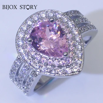 

BIJOX STORY Charms 925 Sterling Silver Jewelry Rings with Water Drop Shaped Pink Zircon Gemstone for Female Wedding Anniversary