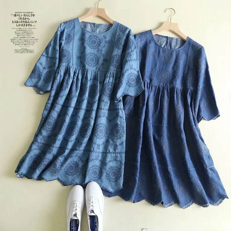 

B5187-Western Style WOMEN'S Dress 2019 Summer New Style Crew Neck Wavy Edge Embroidered Computer Cable Lock