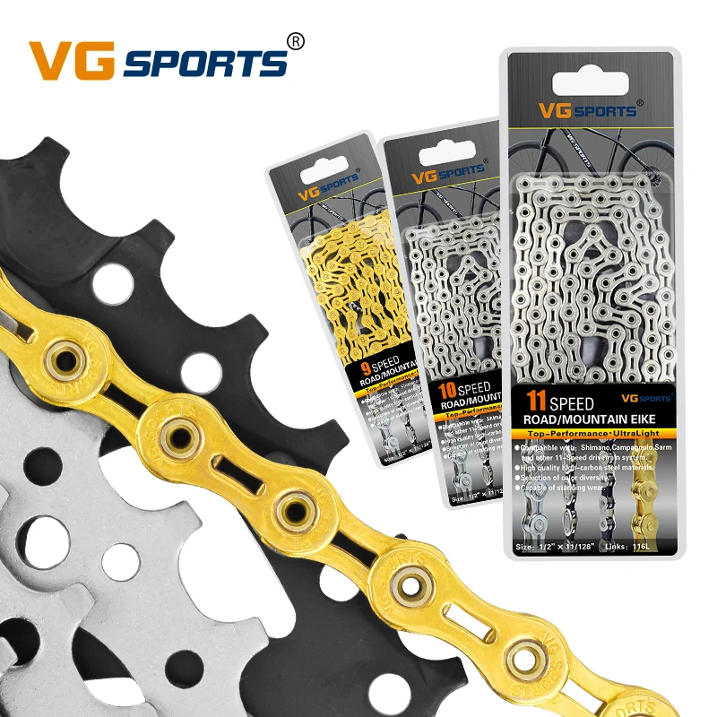 Discount VG Sports 8 9 10 11 speed Bicycle chain silver bike chain half full hollow mountain road bike chains ultralight 116L gold 10s 0