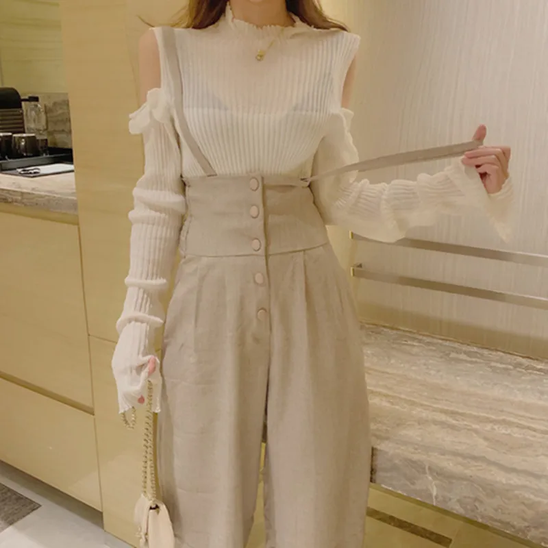 

2019Fashion Designer Fashion Week Autumn Ma'am New Pattern Edition Lotus leaf Edge Knitted Bottoming Shirt+Straps Wide leg Pants