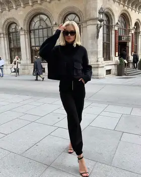 

2019 New ZA Turtleneck Black Sweater for Women Knitted Sweater Casual Soft Polo-neck Jumper Pocket Contact Long Winter Clothes