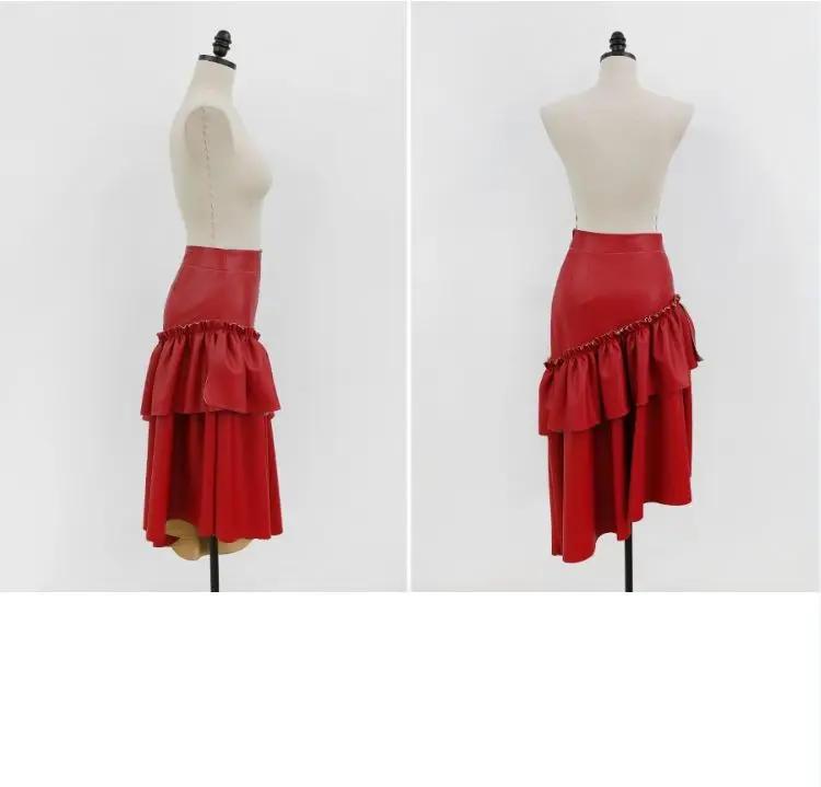 Необычные Вечерние женские юбки из искусственной кожи высокого качества, винтажная осенне-зимняя юбка с оборками и высокой талией для девушек размера плюс, красная юбка