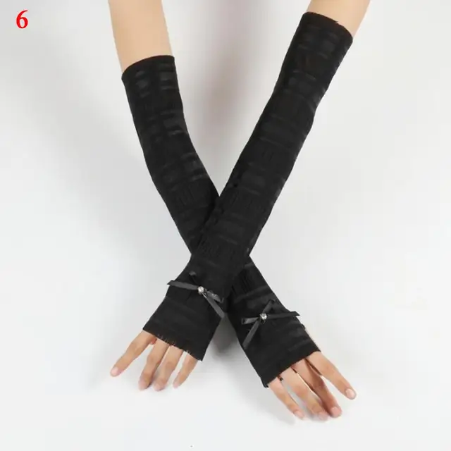 Hot Women Arm Warmers Pleated Yarn Long Breathable Sunscreen Driving Arm Sleeve Fingerless Gloves sexy lace glove Solid White 5