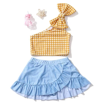 

Bowknot One Shoulder Kids Girl Swim Dress Two Piece Children Swimwear With Skirt Ruffle Swimming Dress Little Girl Swimsuit