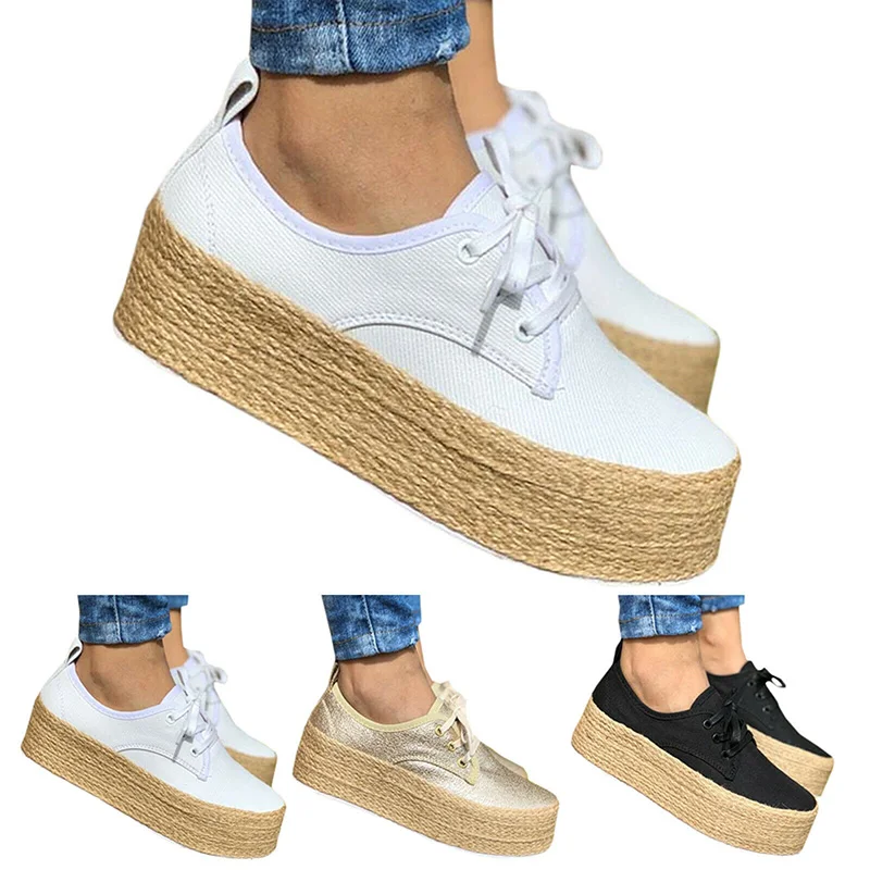 

2020 New Fashion Women Platform Sneakers Canvas Lace Up High Wedges Casual Sports Shoes Zapatillas Mujer K-BEST