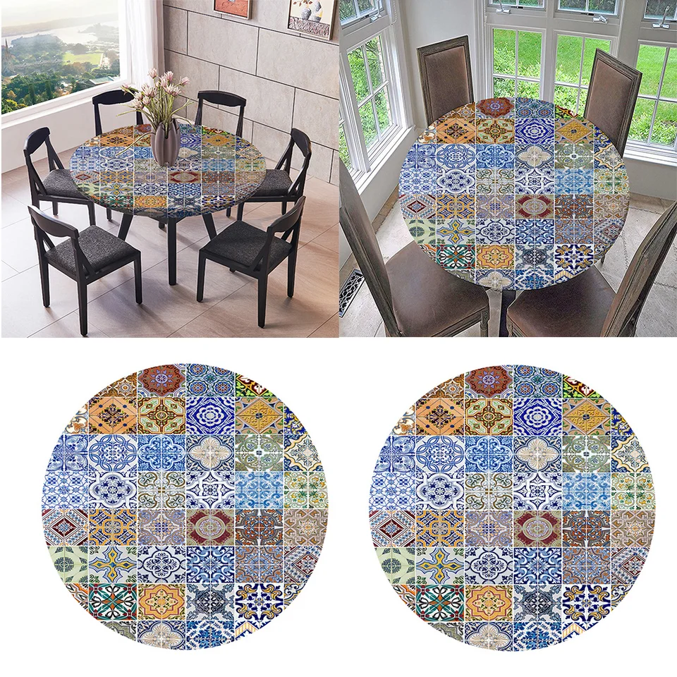 2pcs Table Cloth Round 47 Inch Elastic Edge Fitted Vinyl Table Cover Colorful Pattern For Home Kitchen Decor Yoga Blocks Aliexpress