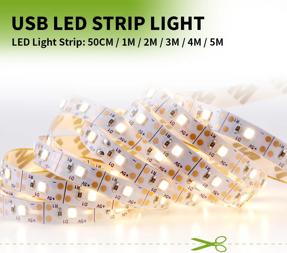 Светодиодная лента 5В для внутреннего освещения 2835 SMD ТВ с подсветкой PC Led светильник полоса веревка светильник для окружающей среды 1 м 2 м 3 м 4 м 5 м светодиодная лента