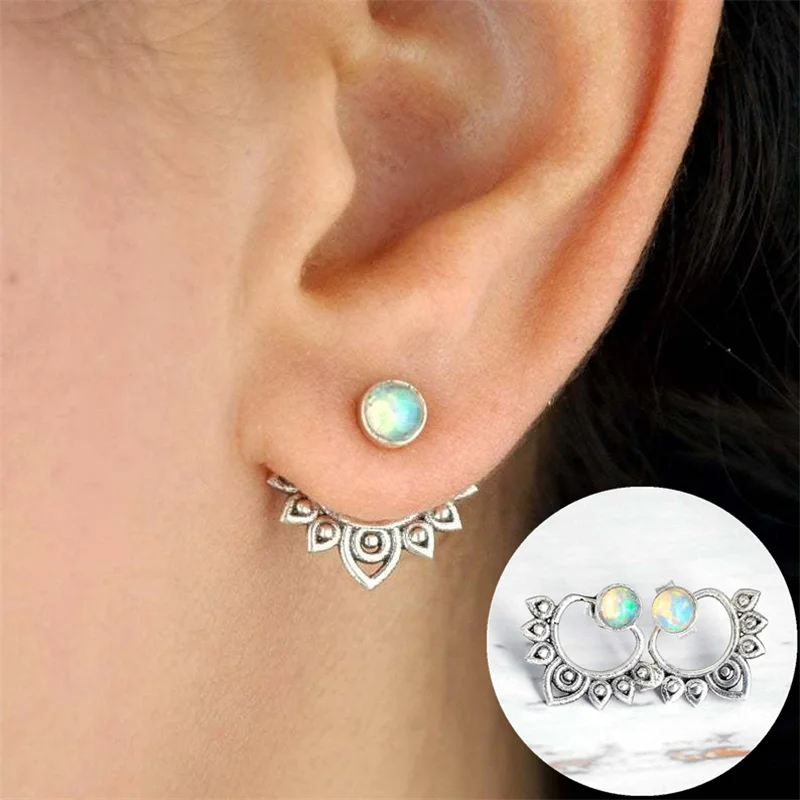 Bohemian Vintage Hollow Metal Lotus Opal Stud Earrings Antique Silver-color Woman's Detachable Handmade Jewelry stud earrings
