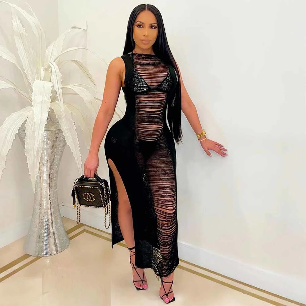 Hollow Out See Through Summer Plus Size Dresses for Women Sleeveless Side High Split Party Dress Fashion Solid Bandage Vestidos | Женская