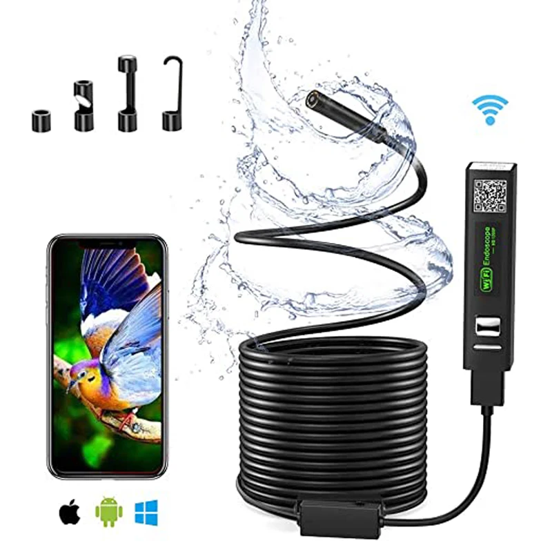 Caméra endoscopique sans fil, 2.0 MP HD, câble serpent, rigide, boroscope, pour IOS, iPhone, Android, Samsung, PC, 5m