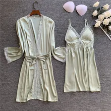 Сексуальная одежда для сна, дизайн, Атласный халат с длинным рукавом и платье, комплекты из двух предметов, весенний банный халат, женские пижамные комплекты, домашняя одежда