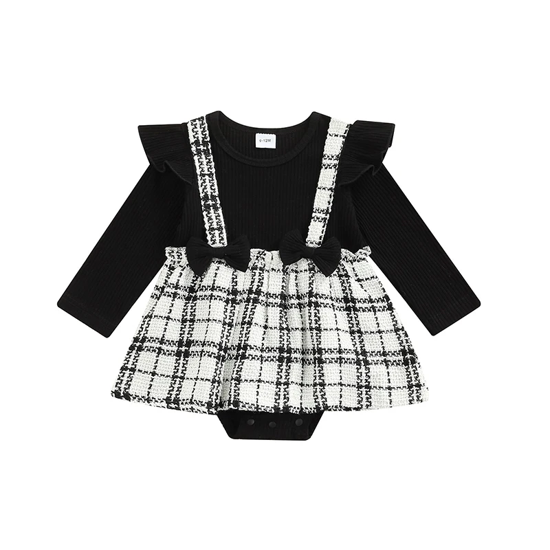 

2Pcs Infant Baby Long Sleeve Jumpsuits Round Neck Clothes Fake Style Bodysuit Elegent style Romper Dress