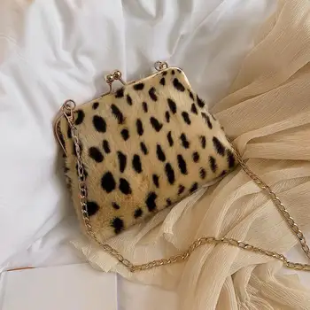 

2020 Retro Leopard Print Small Shoulder Bags For Women Soft Plush Hasp Clip Crossbody Female Chain Bag Winter Warm Fur Bag